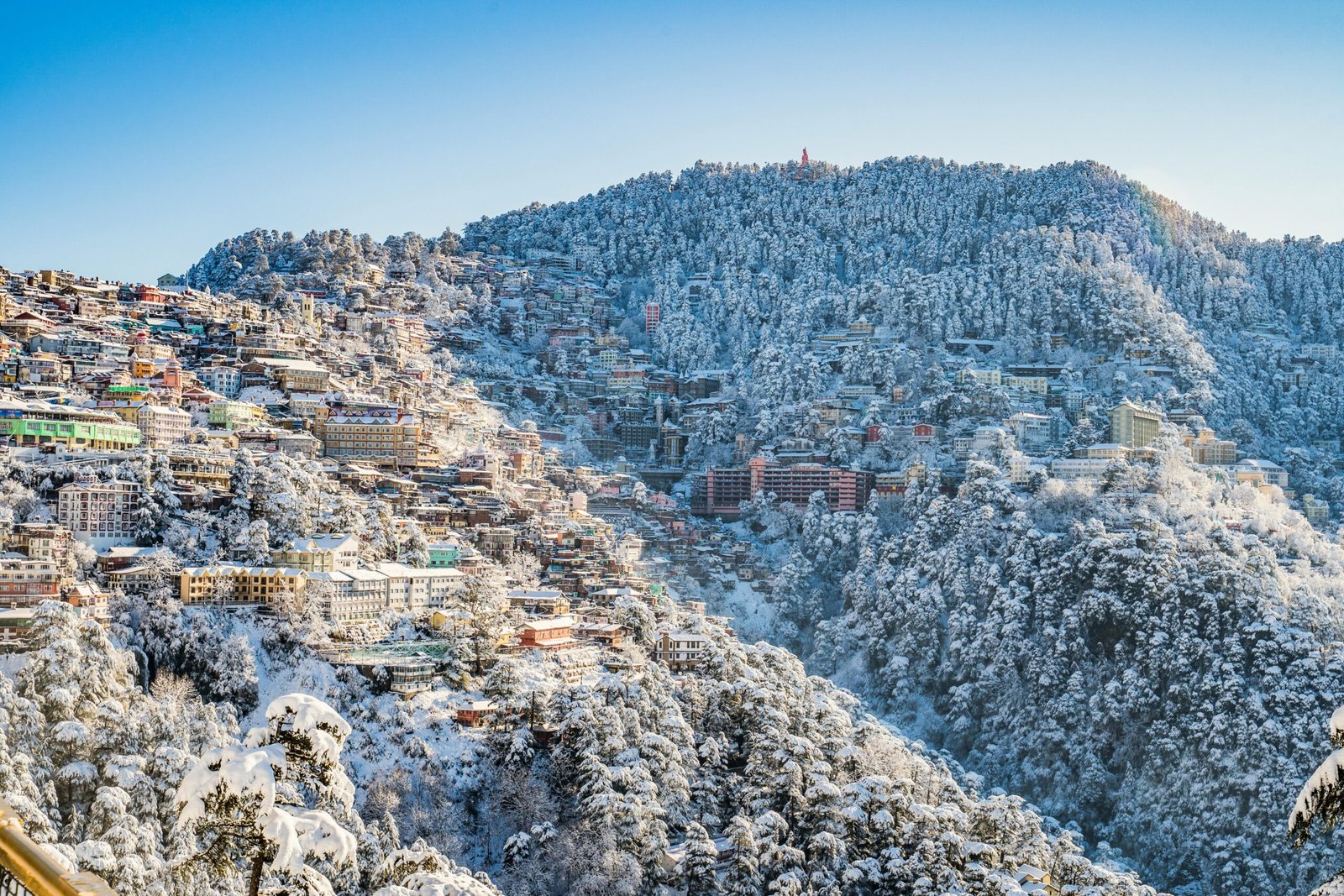 About Us A scenic view of Shimla in winter, with snow-covered buildings and forests under a clear blue sky.