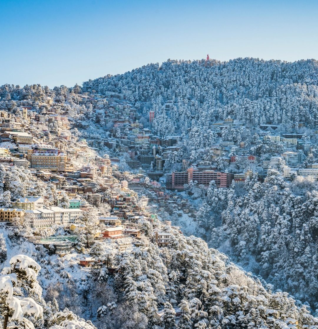 pexels photo 3574440 3574440 A scenic view of Shimla in winter, with snow-covered buildings and forests under a clear blue sky.